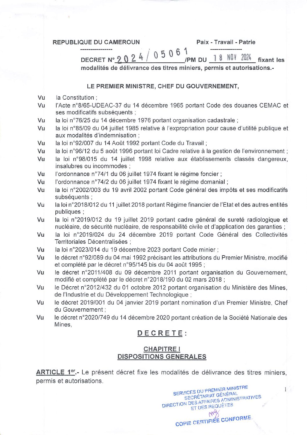 Décret fixant les modalitéss de délivrance des titres miniers