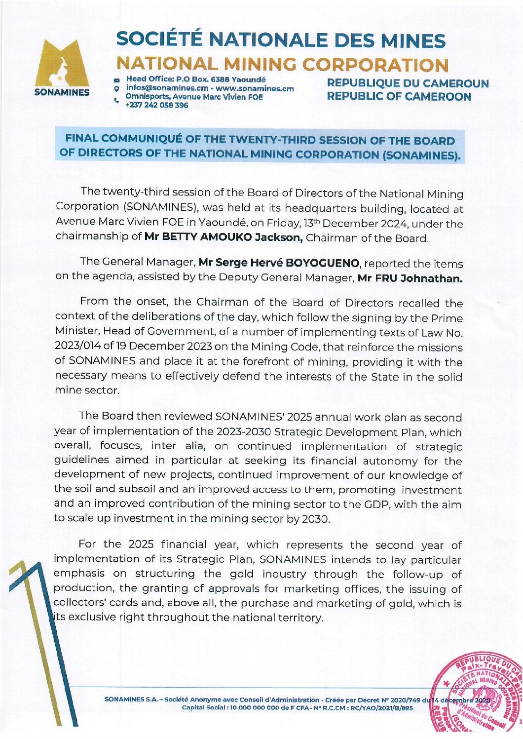 COMMUNIQUE FINAL DU CA23 DE LA SONAMINES – VERSION ANGLAISE