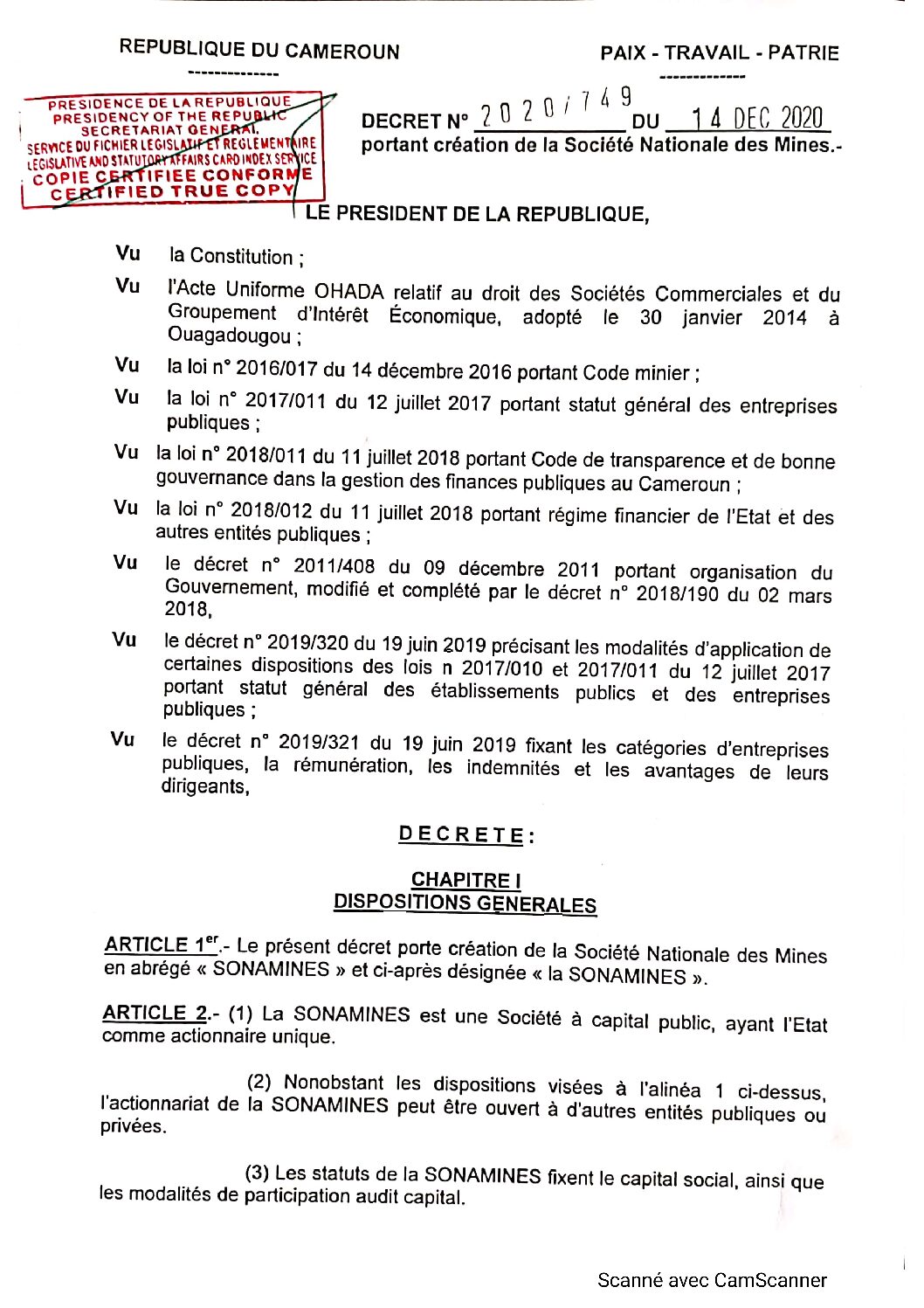 Décret portant création de la SONAMINES