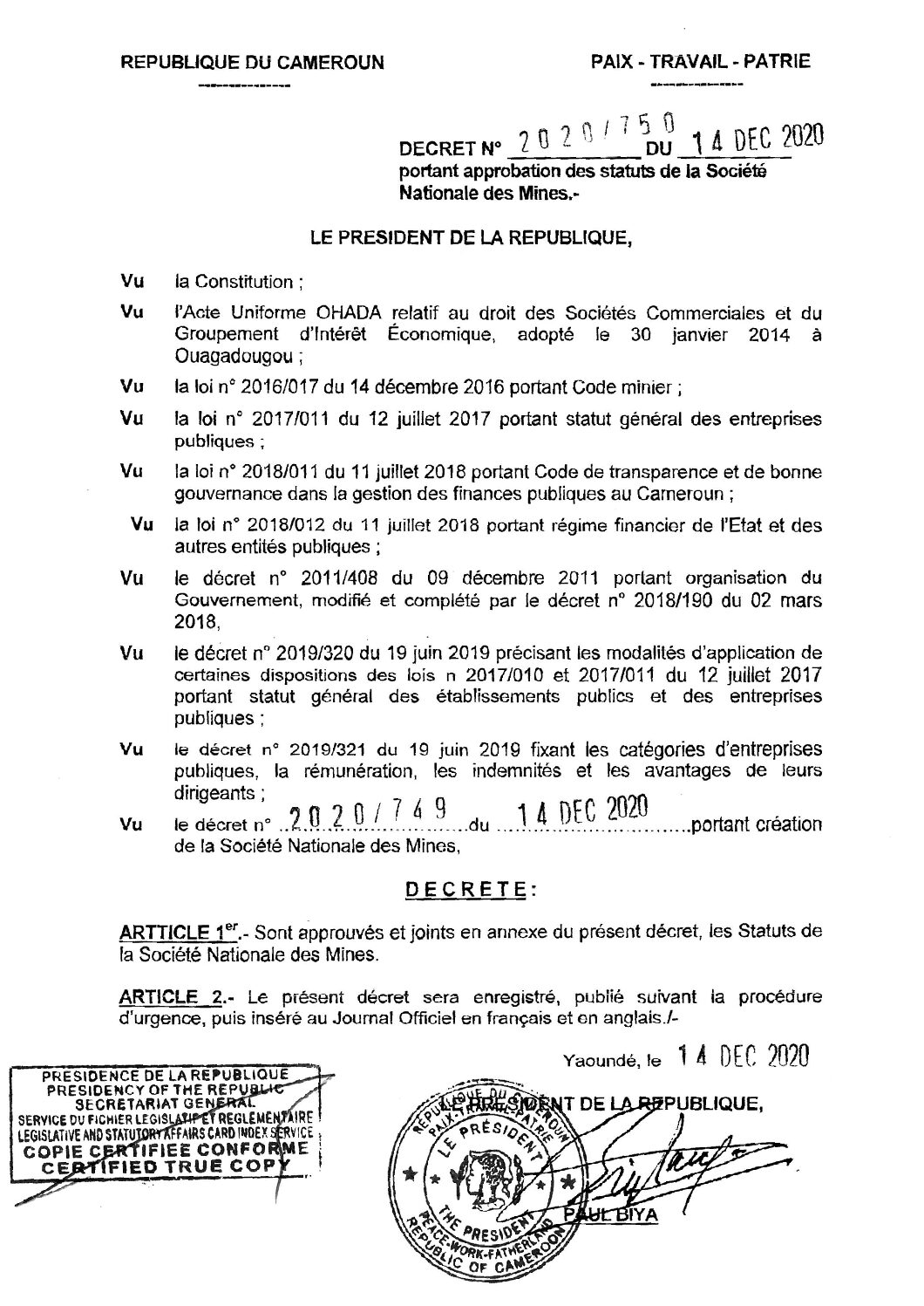 Statuts de la SONAMINES